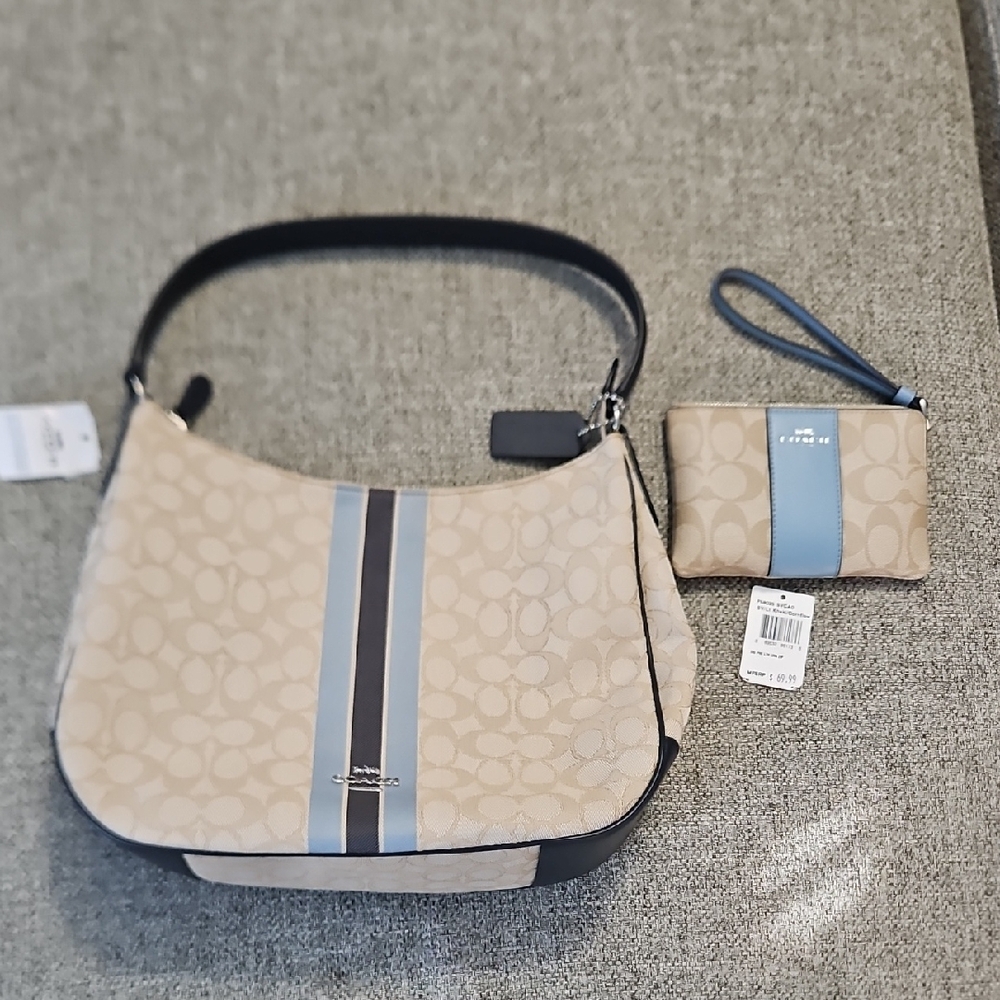 COACH SIGNATURE JACQUARD STRIPE ZIP HOBO F39042 SILVER/KHAKI MULTI  Wrislet Inc